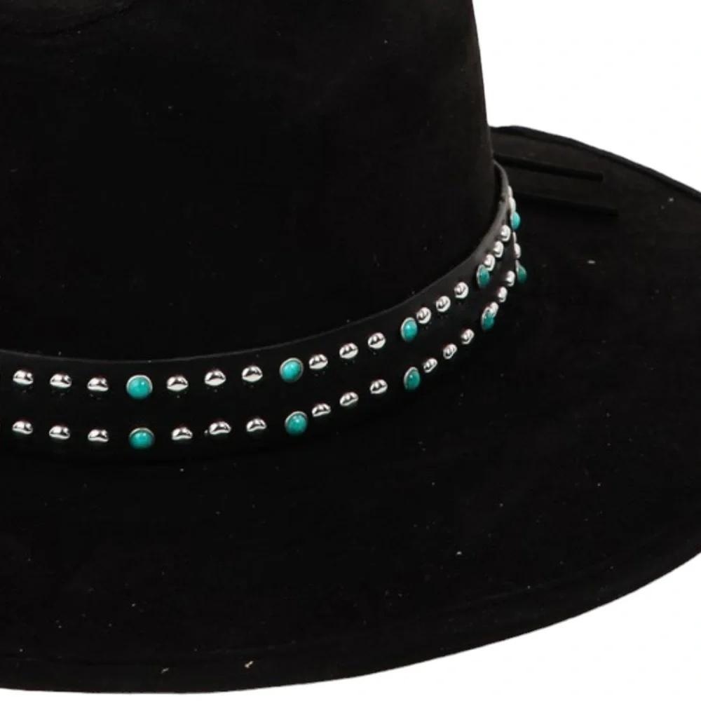 Black Wide-Brim Fedora Hat with Studded Trim